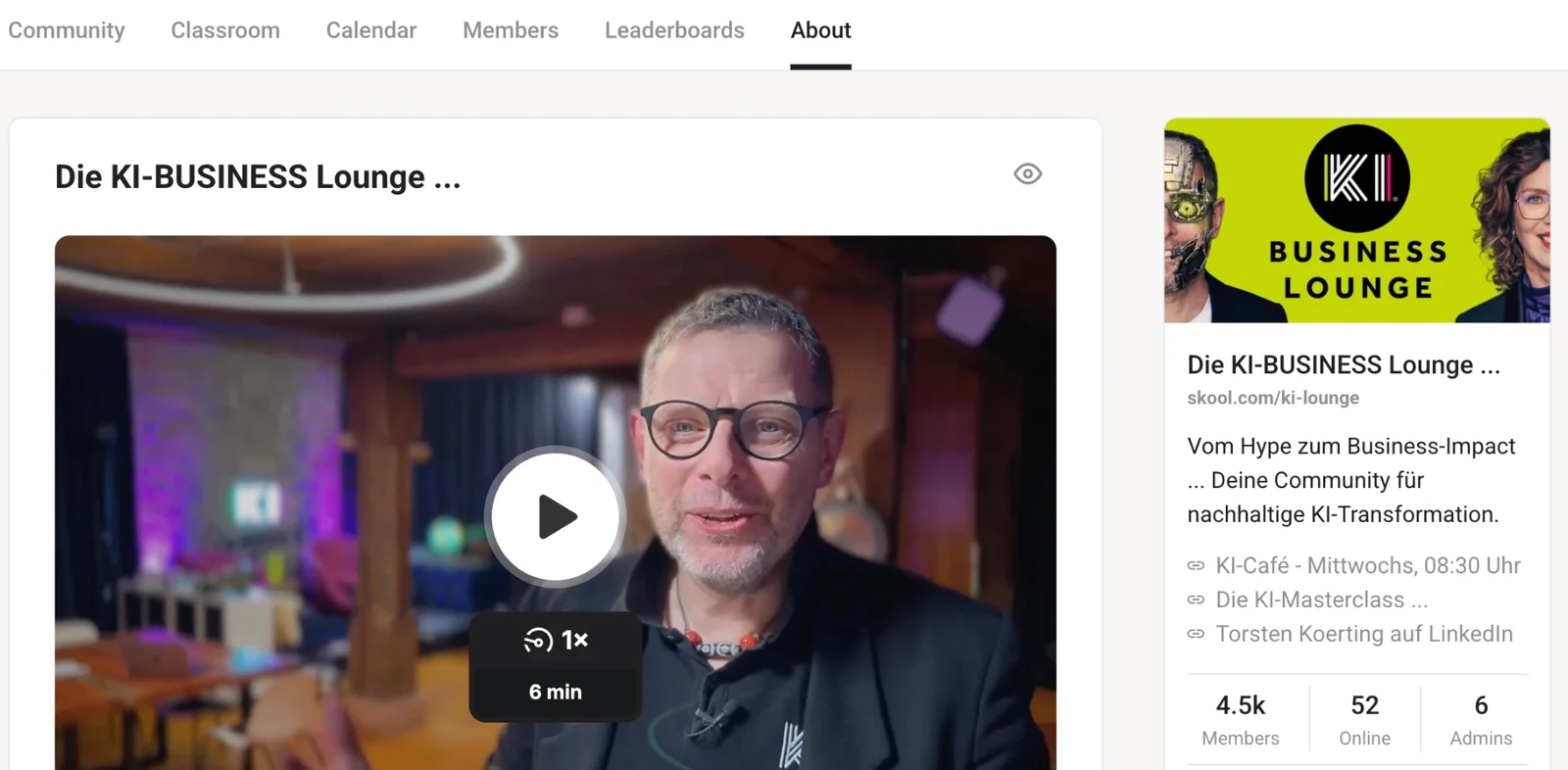 Die KI-Business Lounge auf Skool: Intro-Video, Beschreibung und 4.500 Mitglieder