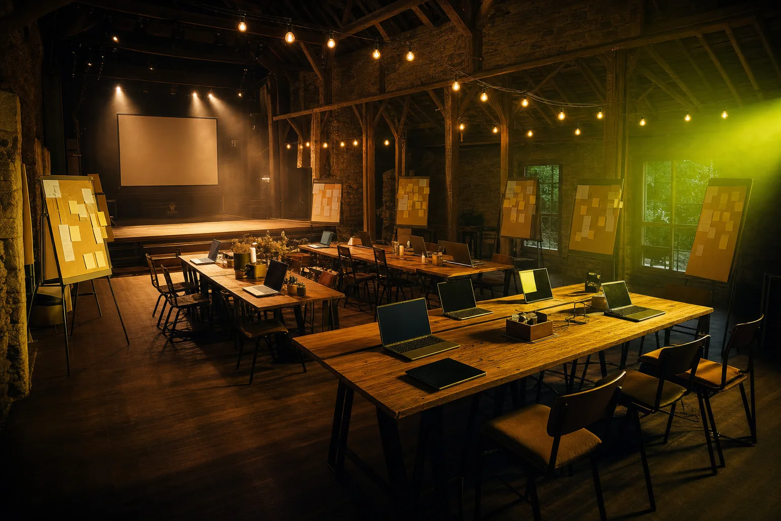 KI-Kickstart in der Zehntscheune – Workshop-Bühne mit Laptops und Canvas-Boards im Bühnenlicht
