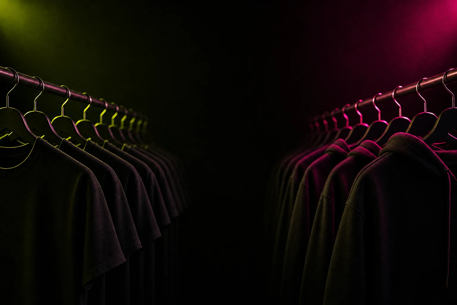 Koerting-Merch: schwarze Shirts und Hoodies im Lime- und Pink-Licht